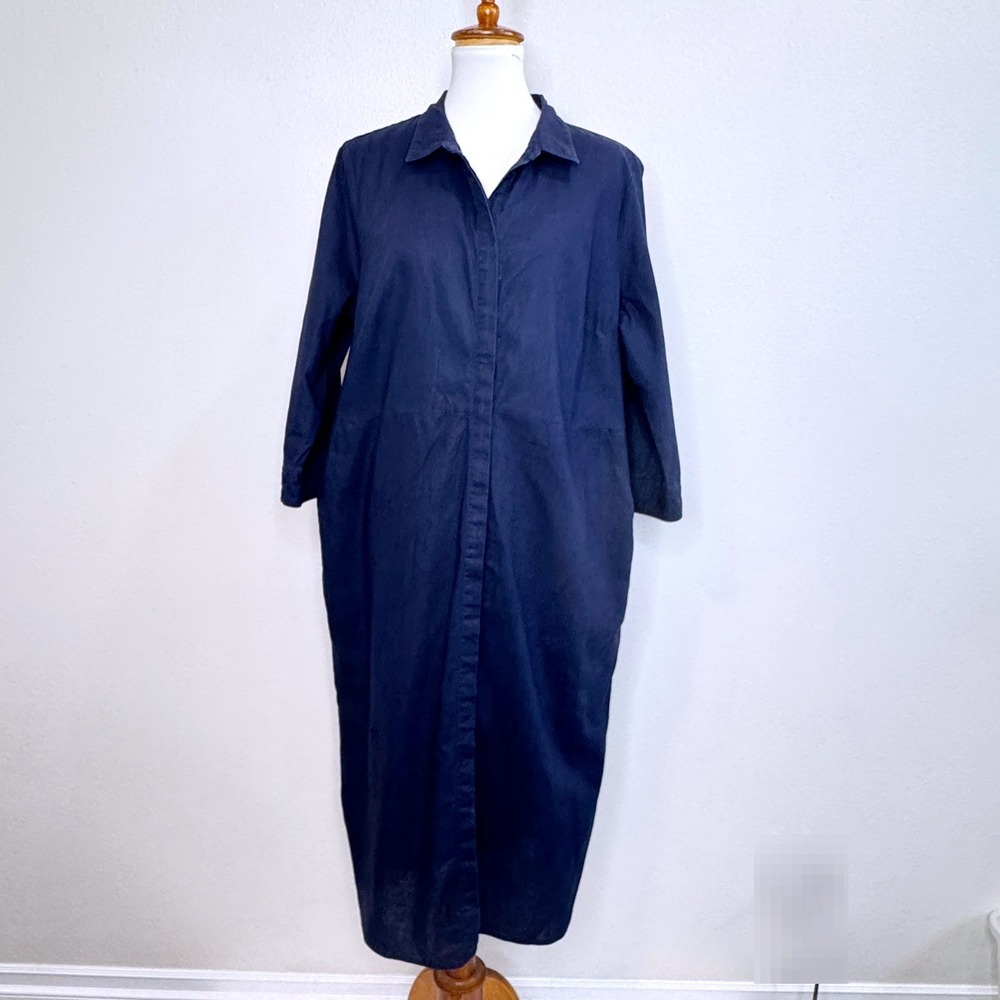 BODEN Linen Blend Shirt Midi Shirt Dress 14 Navy Classic Preppy Old Money